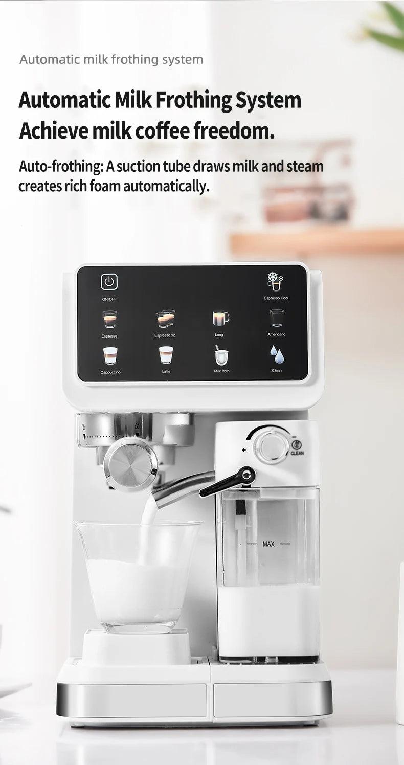 White automatic espresso machine with built-in milk frother and touch screen interface for making specialty coffees.