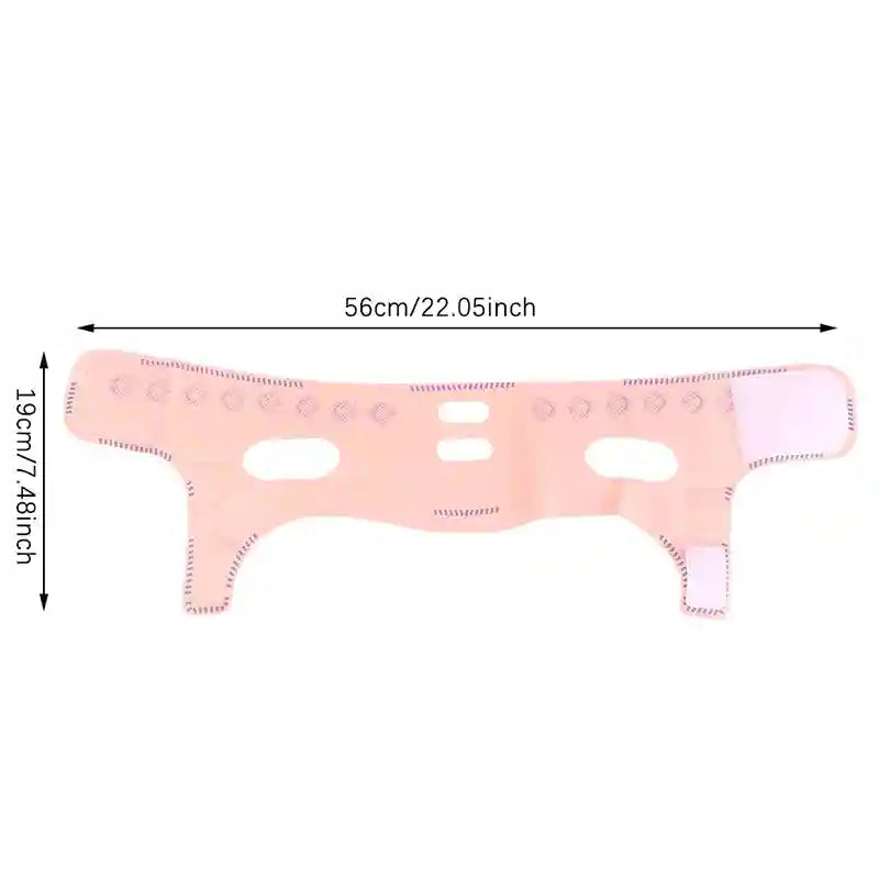 Pink V-line face slimming strap, 56x19cm, made of breathable fabric with velcro closures for facial lifting.