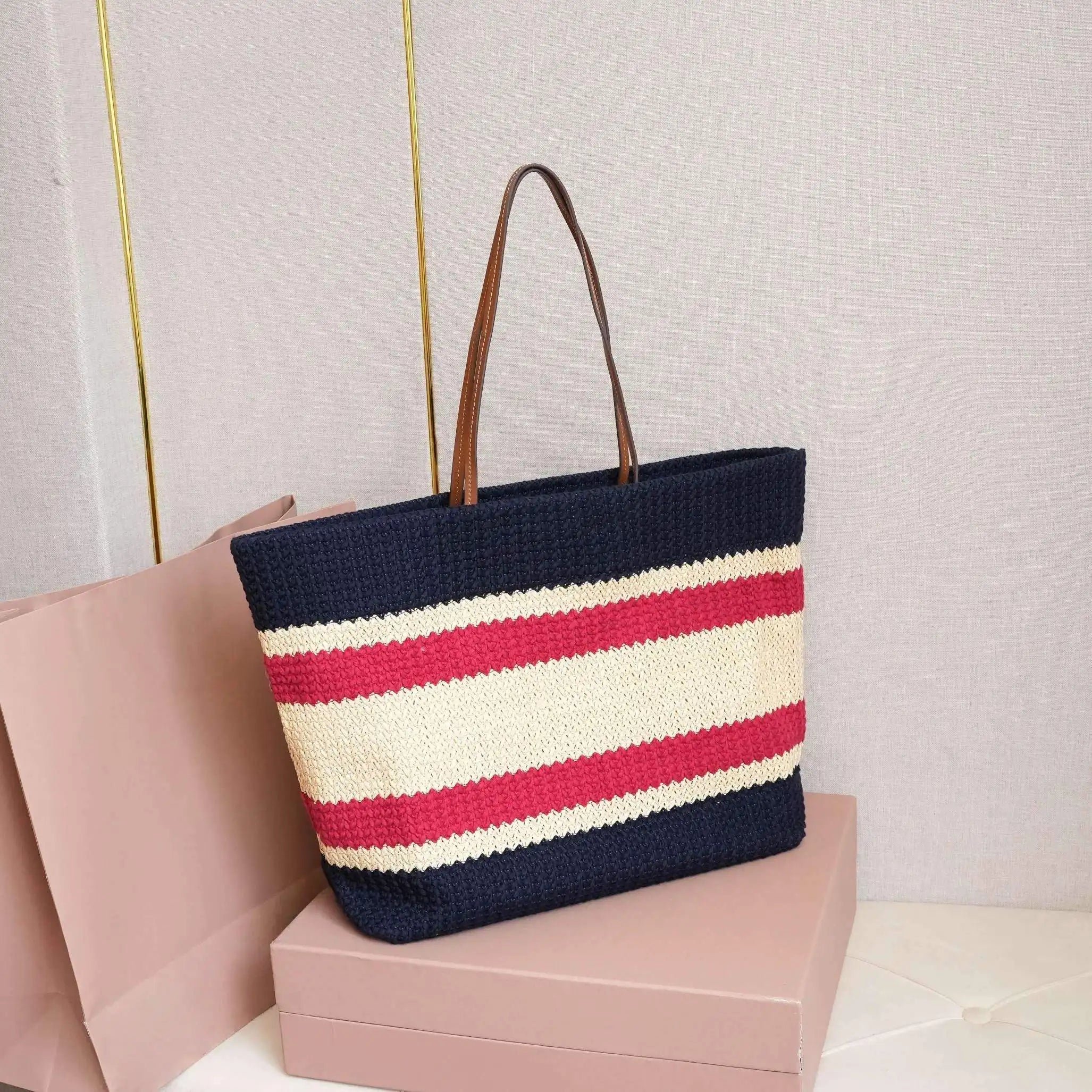 Fashion Woven Straw Tote Large Capacity Beach Resort Style Bag Women Contrast Stripes Shoulder Handbag Luxury Designer