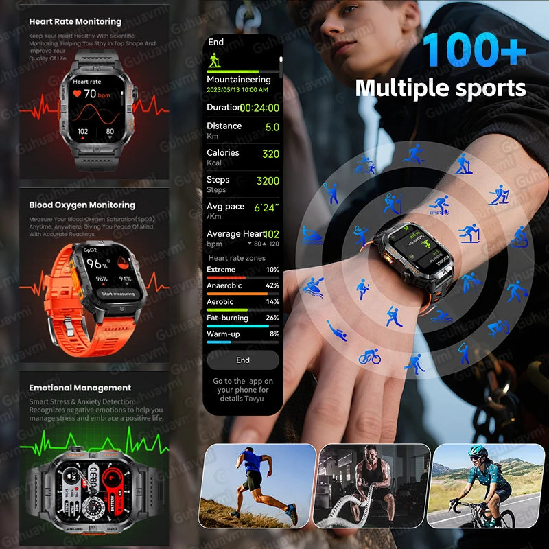 2026New Outdoor Military Men's Smartwatch, Equipped With GPS LED Lighting, Compass, Wireless Communication IP68 Waterproof Watch