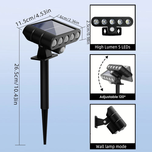 Black solar-powered outdoor light with 5 LEDs, motion sensor, stake mount, and adjustable wall bracket.