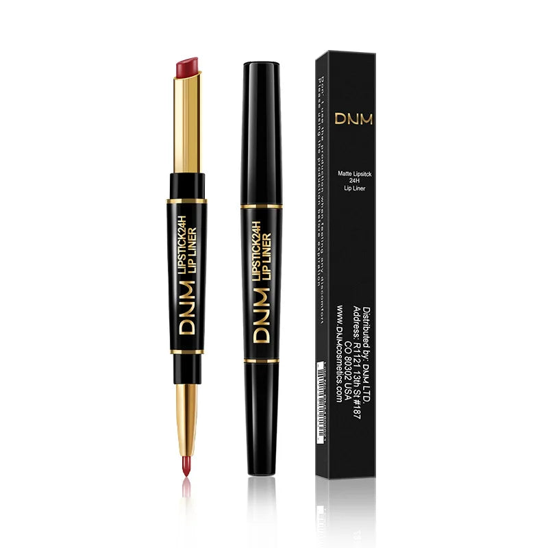 DNM 2-in-1 waterproof matte lipstick and lip liner pencil in deep red with elegant black and gold packaging.