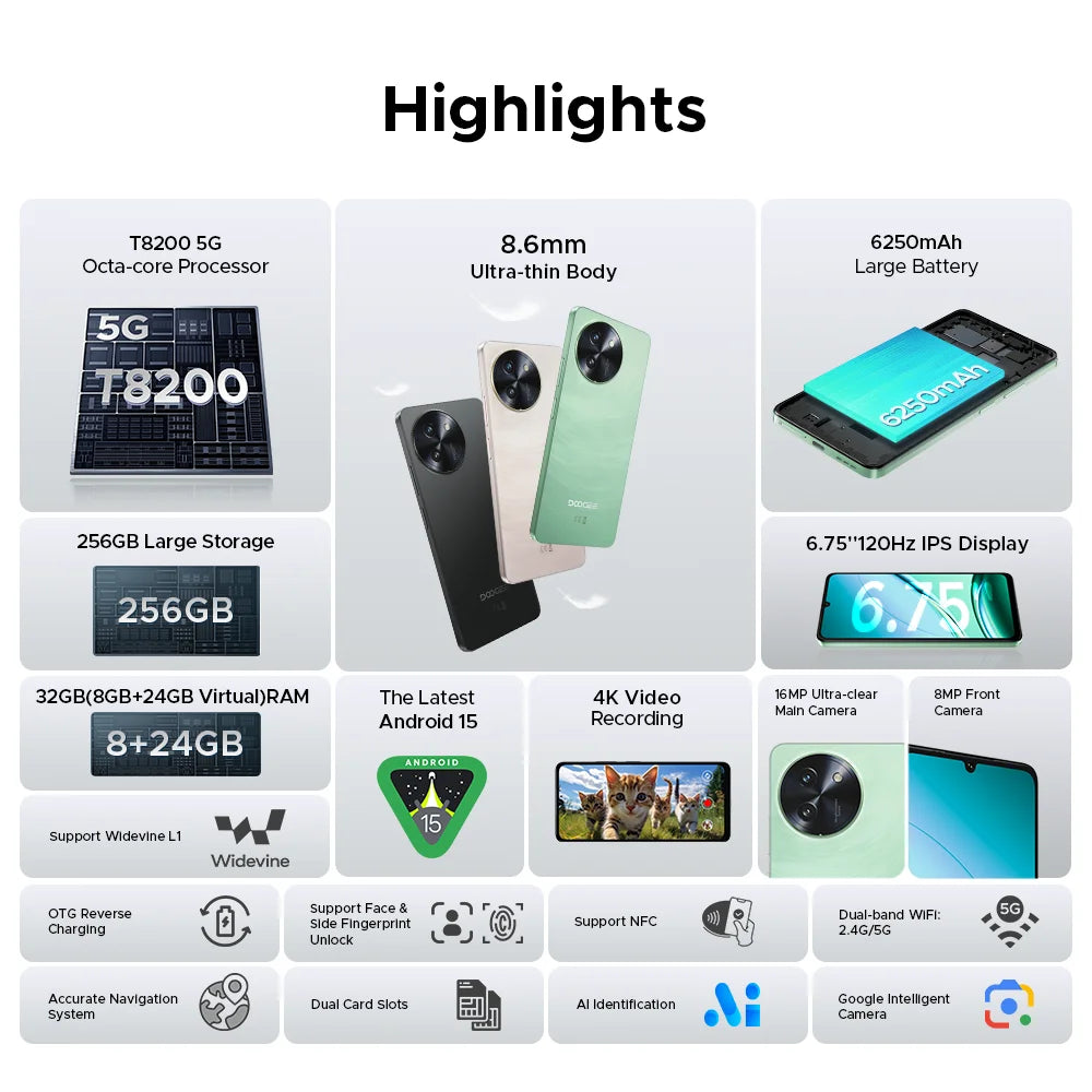 【Brand+】Global Version DOOGEE Note59 Pro 5G Smartphone Android 15 Mobile Phone 8GB RAM 256GB ROM 6.75" HD+ 6250mAh Battery NFC