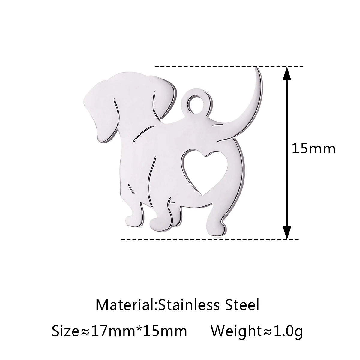 Silver stainless steel dog charm with heart cutout, 17x15mm, perfect for DIY jewelry, necklaces, and pet accessories.