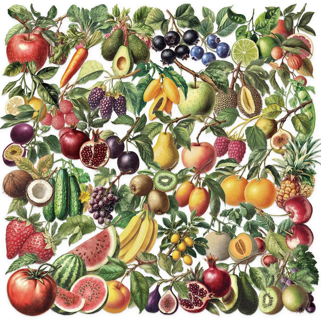 50/100PCS Transparent PET Retro Fruit Sticker Pack Waterproof Notebook Pen Holder Decoration Guitar Notebook Stationery Stickers