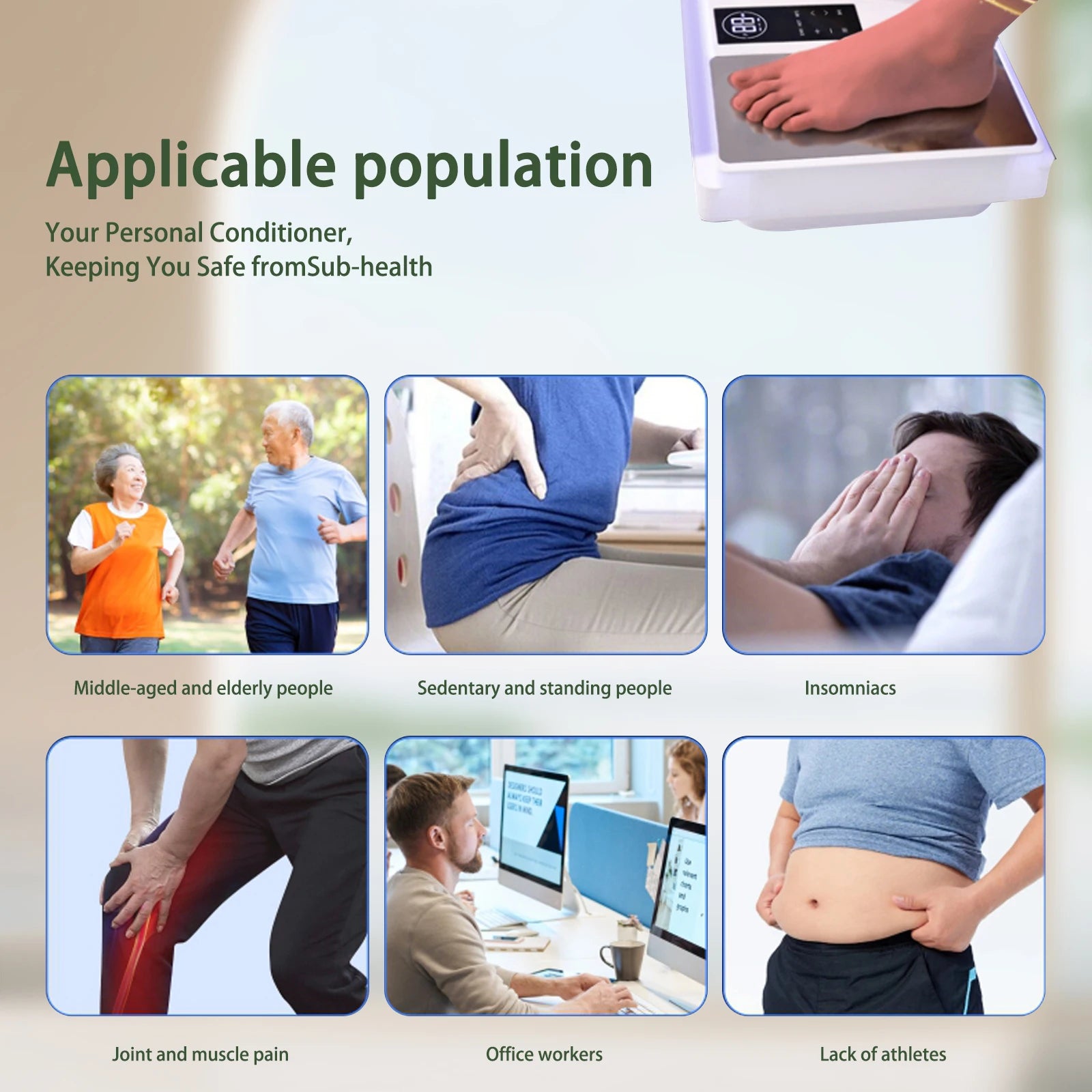 Foot massager with metallic plate and digital display, showing various users for pain relief and health management.