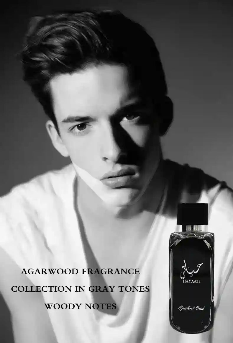 Hayaati Opulent Oud men’s perfume, long-lasting Arabic woody agarwood scent in a sleek black glass bottle.