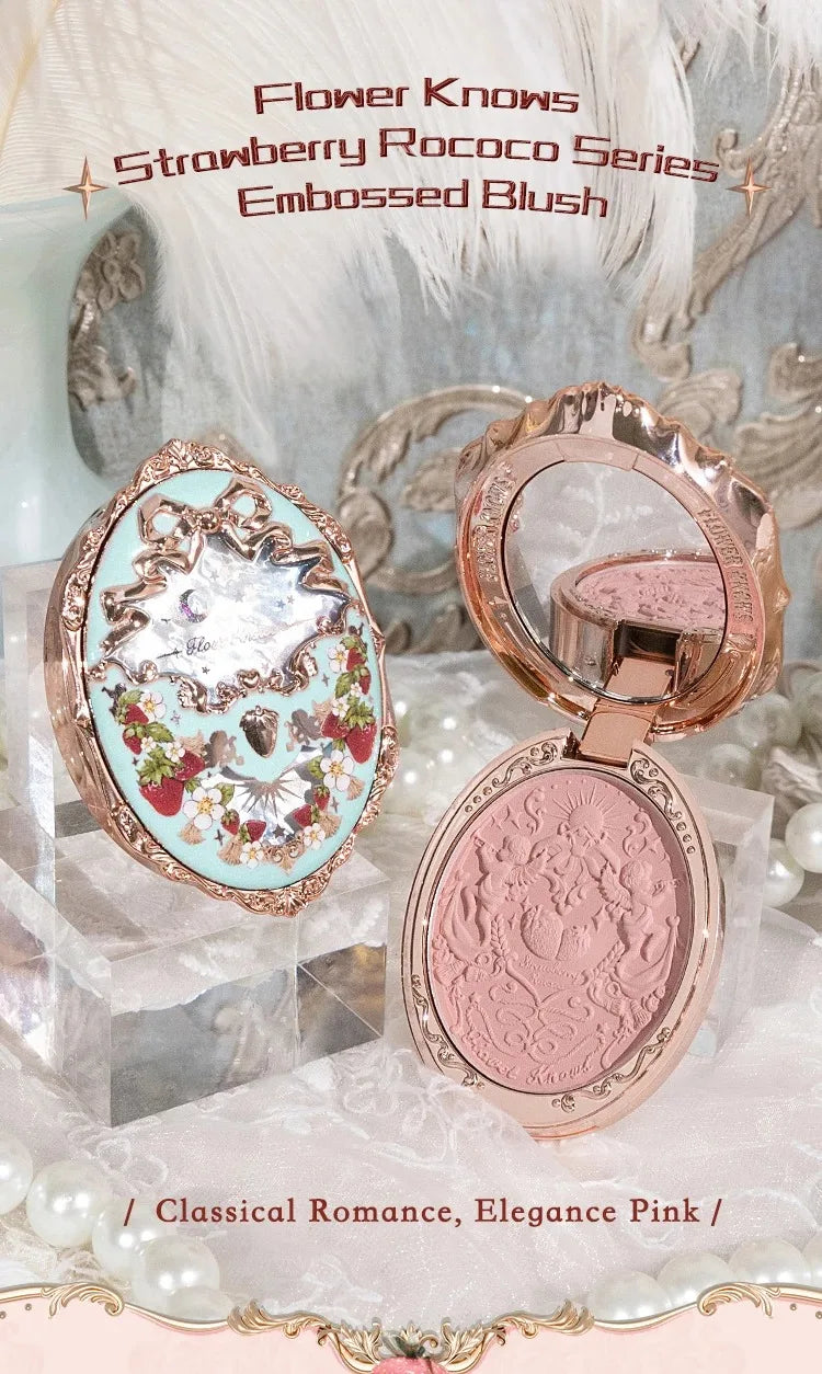 Tidesmit Flower Knows Strawberry Rococo embossed blush powder showing detailed compact design and silky texture
