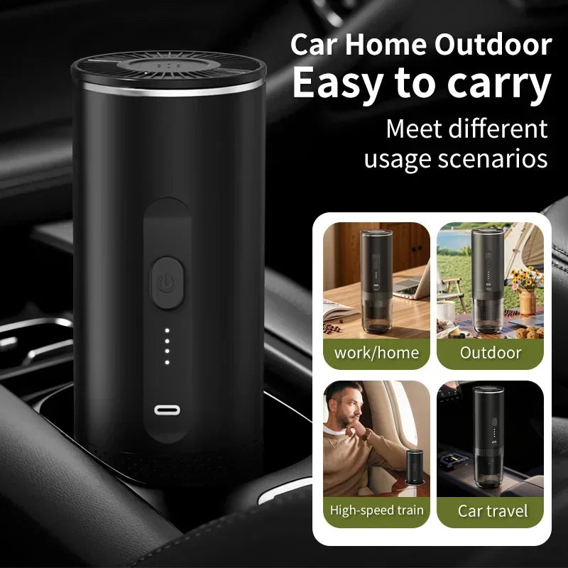 Portable black electric coffee maker in car cup holder, features LED indicator and USB-C port for travel and home use.