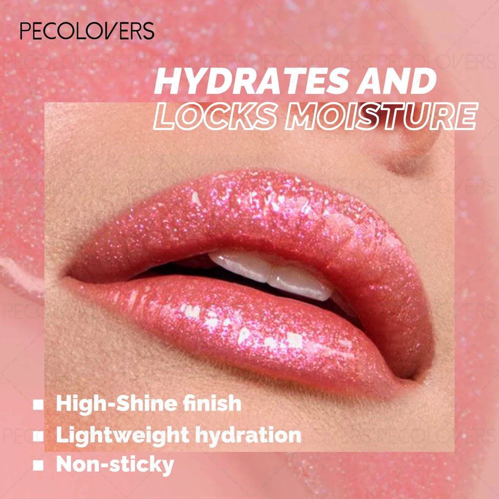 Shiny pink moisturizing lip gloss with glitter finish for hydrated, plump lips. Natural, non-sticky lip makeup.