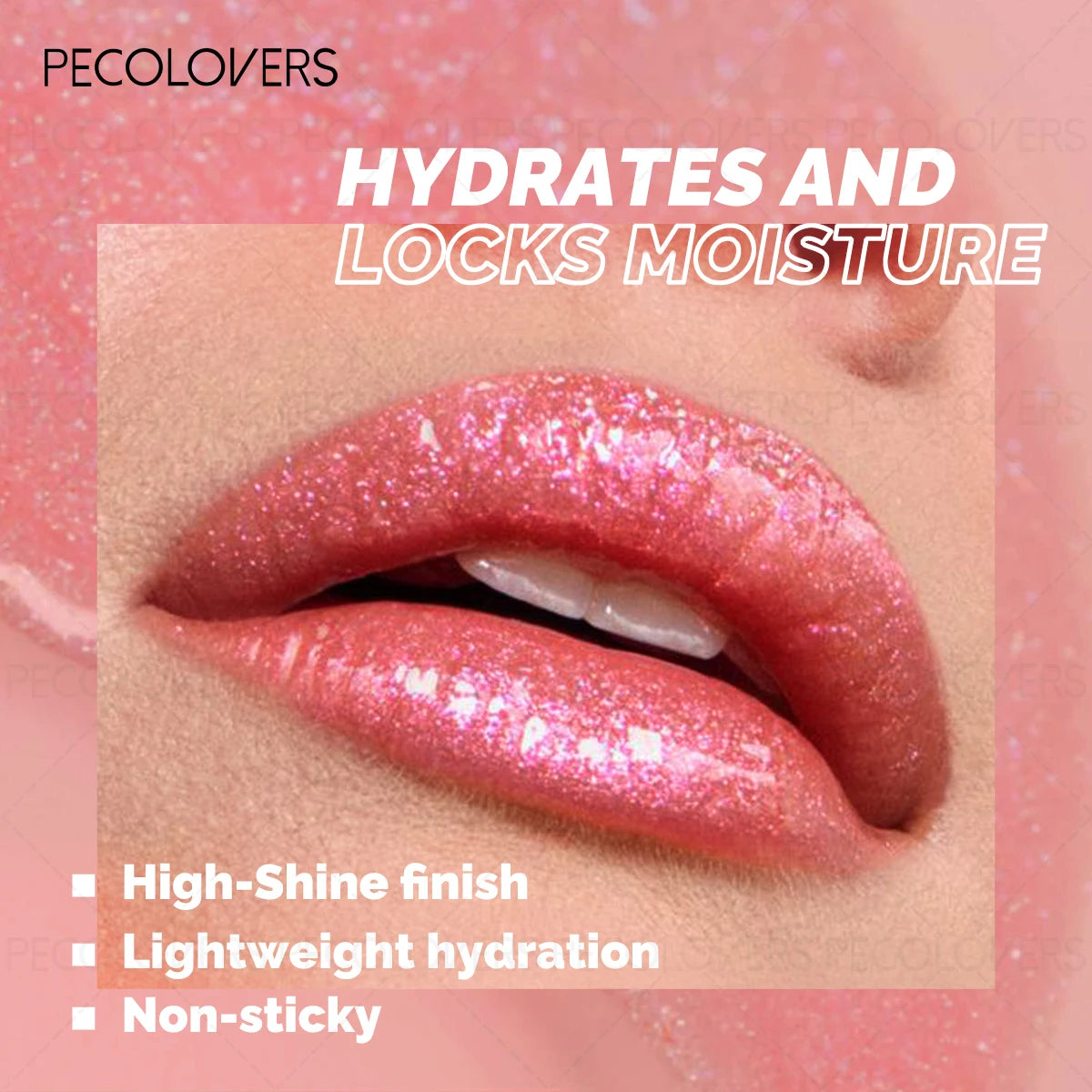 Shiny pink moisturizing lip gloss with glitter finish for hydrated, plump lips. Natural, non-sticky lip makeup.
