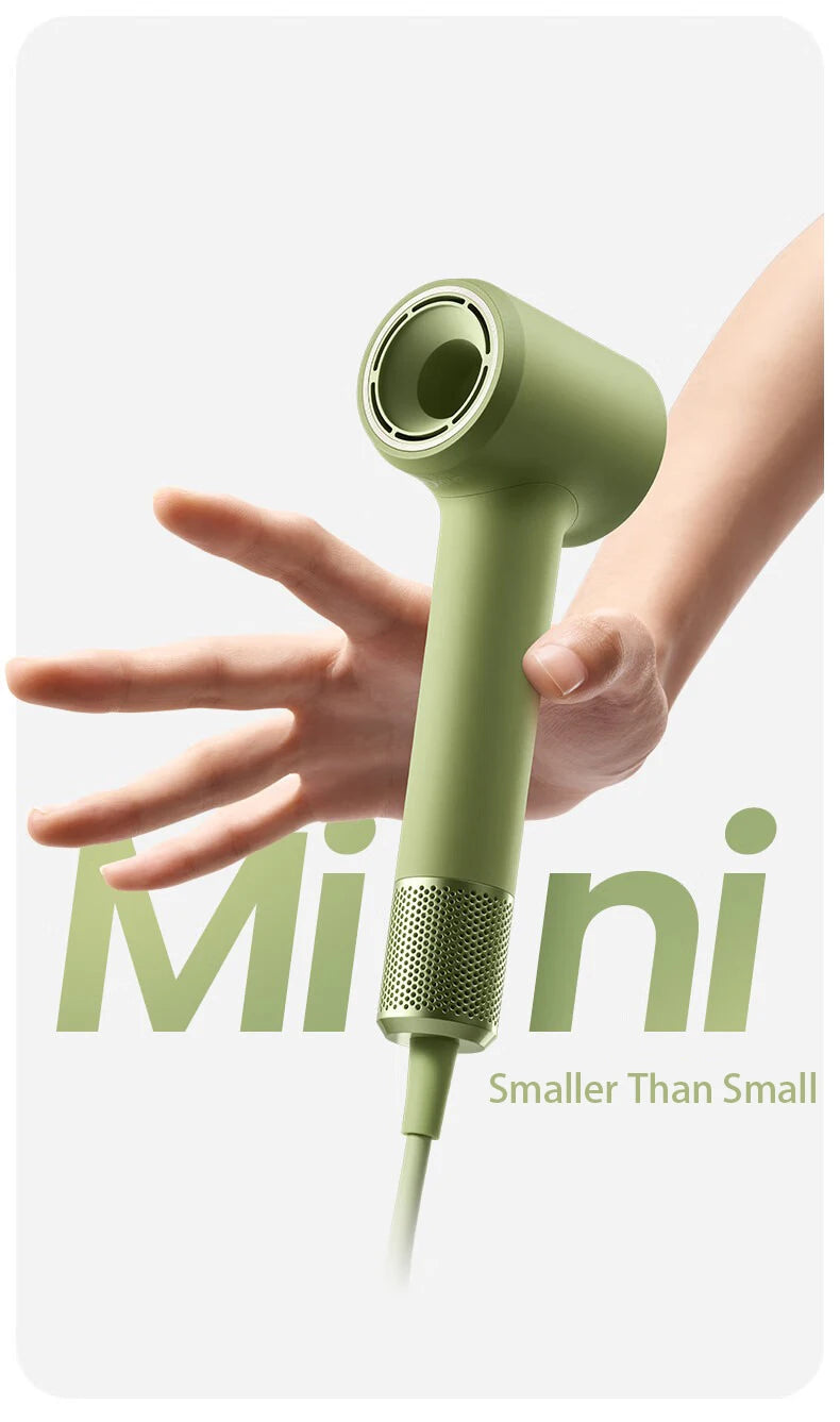 Lightweight sage green Laifen Mini high-speed hair dryer, portable 299g design perfect for travel and dorm rooms.