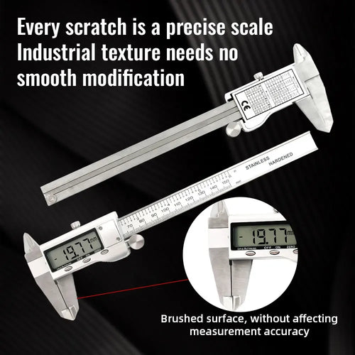 Stainless digital vernier caliper with LCD display, jaws and ruler measurement scale