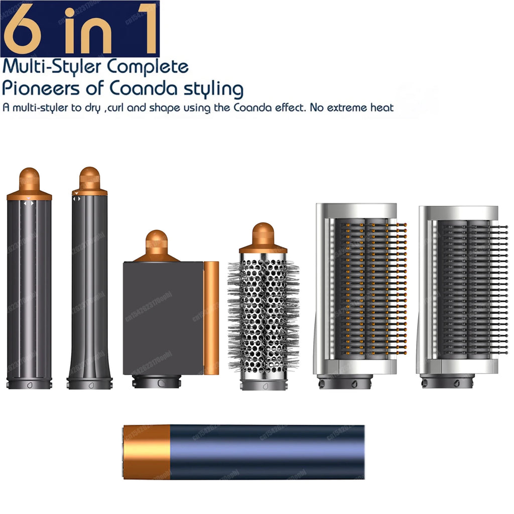 6-in-1 auto curling hair styler with grey and copper attachments, hot air dryer, and brushes for salon-style hair.