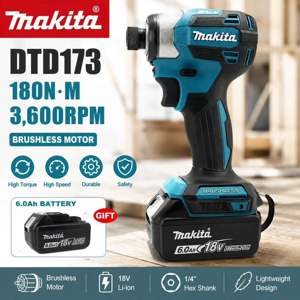 Makita DTD173 18V LXT Cordless Impact Driver Brushless Electric Drill Screwdriver Wood/Bolt T1/T2-Mode Twin LED Light 180 N·m+Makita DTD173 18V Cordless Impact Driver LXT BL Brushless Motor Electric Drill Wood/Bolt/T-Mode 18