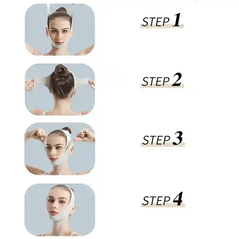 Four-step guide for using a V-line face slimming bandage strap for chin and cheek lifting and skin firming care.
