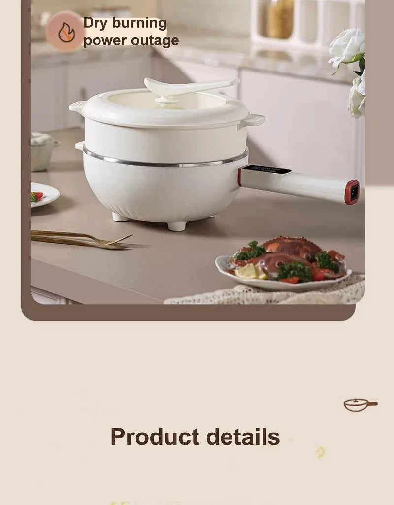 Electric cooking pot with lid and steaming bowl on power base