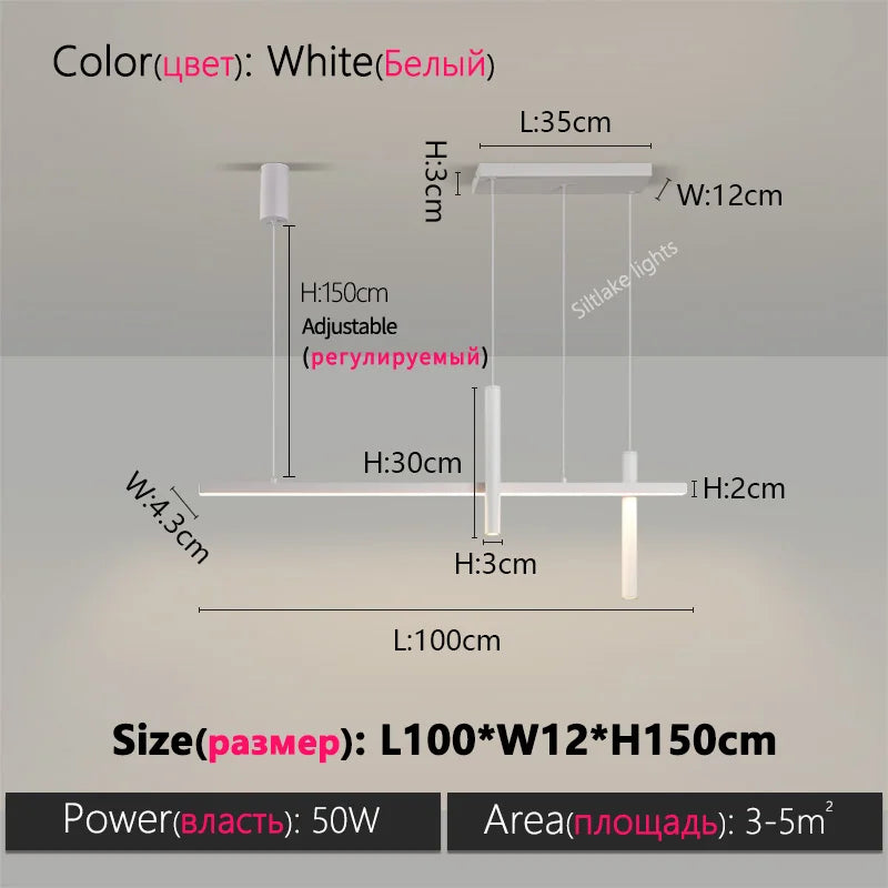 Linear LED Chandelier for Dining Room - Modern Dimmable Pendant Light White L100cm Tidesmit