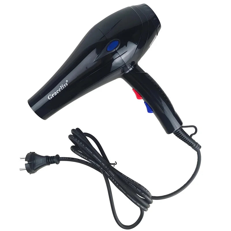 Professional black Graceliss hair dryer with EU plug, hot and cold settings for salon or home hair styling.