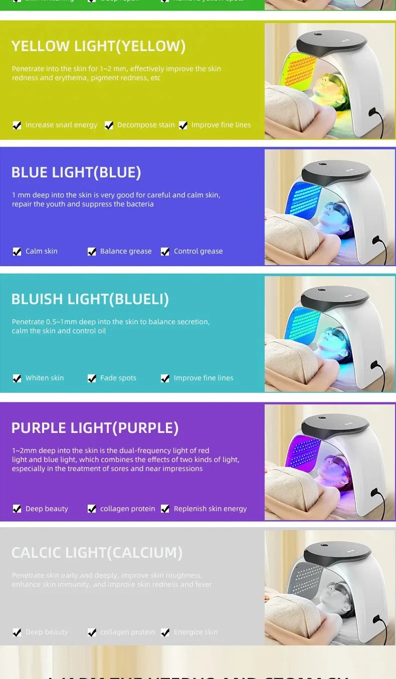 7-color PDT LED light therapy facial mask for skin rejuvenation, acne treatment, and anti-aging home beauty care.