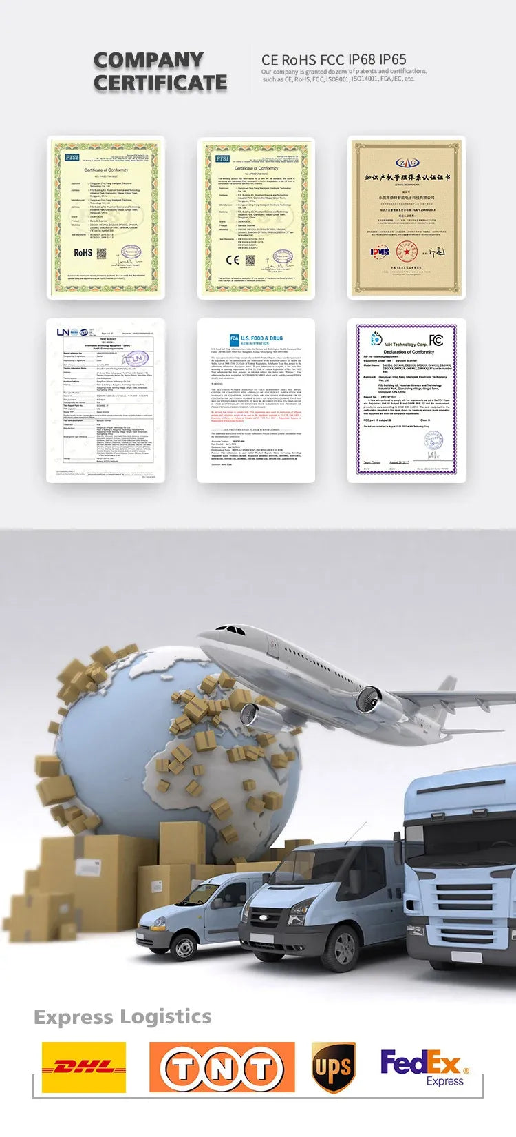 FM700B QR code and RFID reader with certificates and shipping logistics graphic