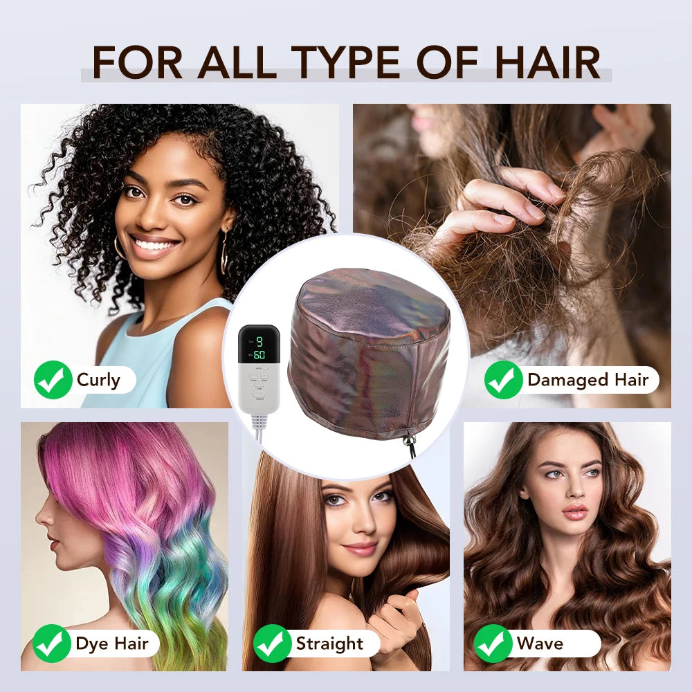 Metallic hair steamer cap for deep conditioning with 9-level digital heat control and timer for all hair types.
