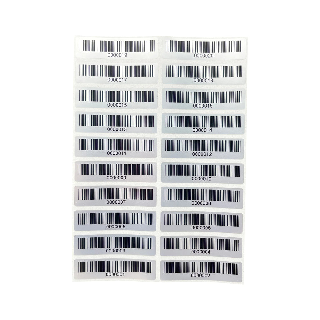 Matte silver PET barcode asset labels sheet, 2-column grid of small rectangular barcodes