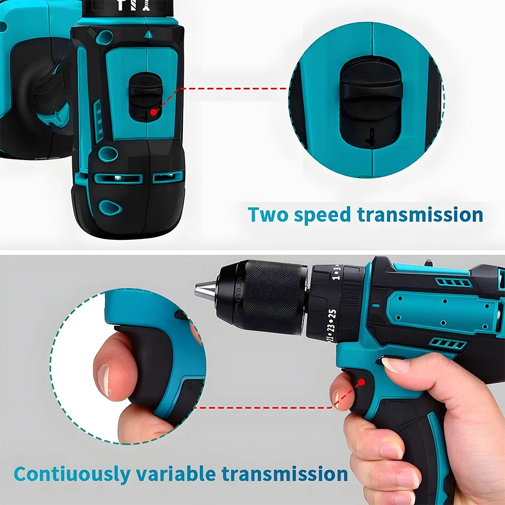 Podofo 10mm Cordless Impact Hammer Drill Drill Driver Stepless Speed High Torque Handheld Rechargeable Power Drill For Wood Metal Drilling Screw Driving Home Repair Power Tool