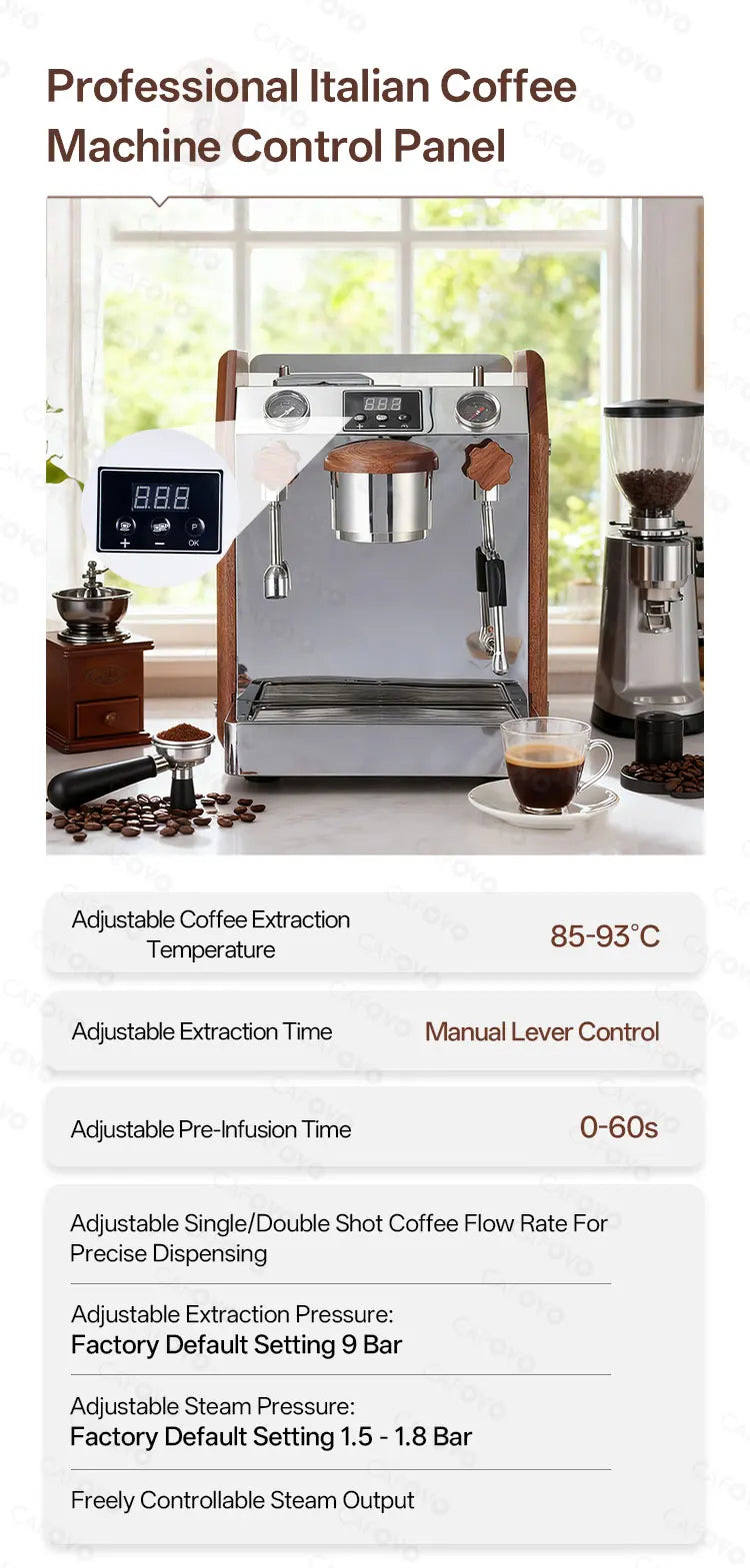Cafoyo professional Italian espresso machine with chrome finish, wood accents, and digital temperature control panel.