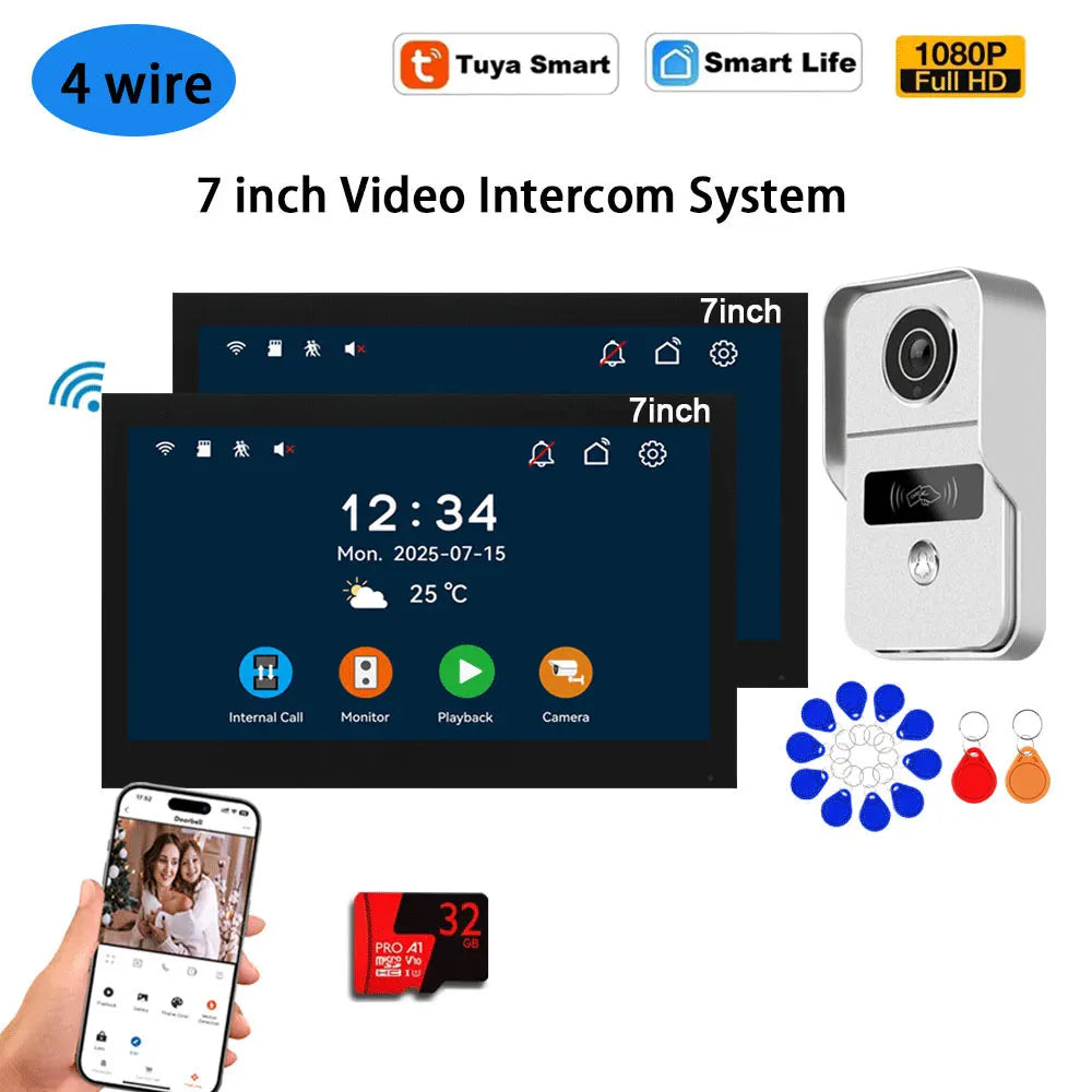 Tuya 7 inch LCD Wired Doorbell Wireless Wifi Smart Video Doorphone 2/3 Monitor HD 1080P Camera IC Card Unlock Intercom System
