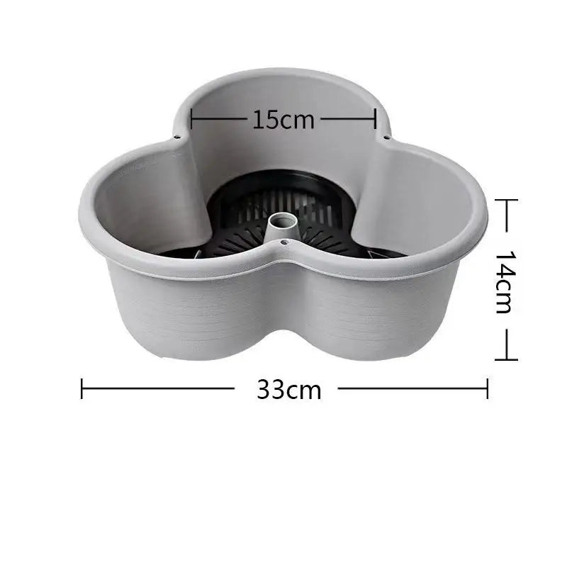 Grey plastic planter tower, 33cm wide x 14cm tall, with center drain tube