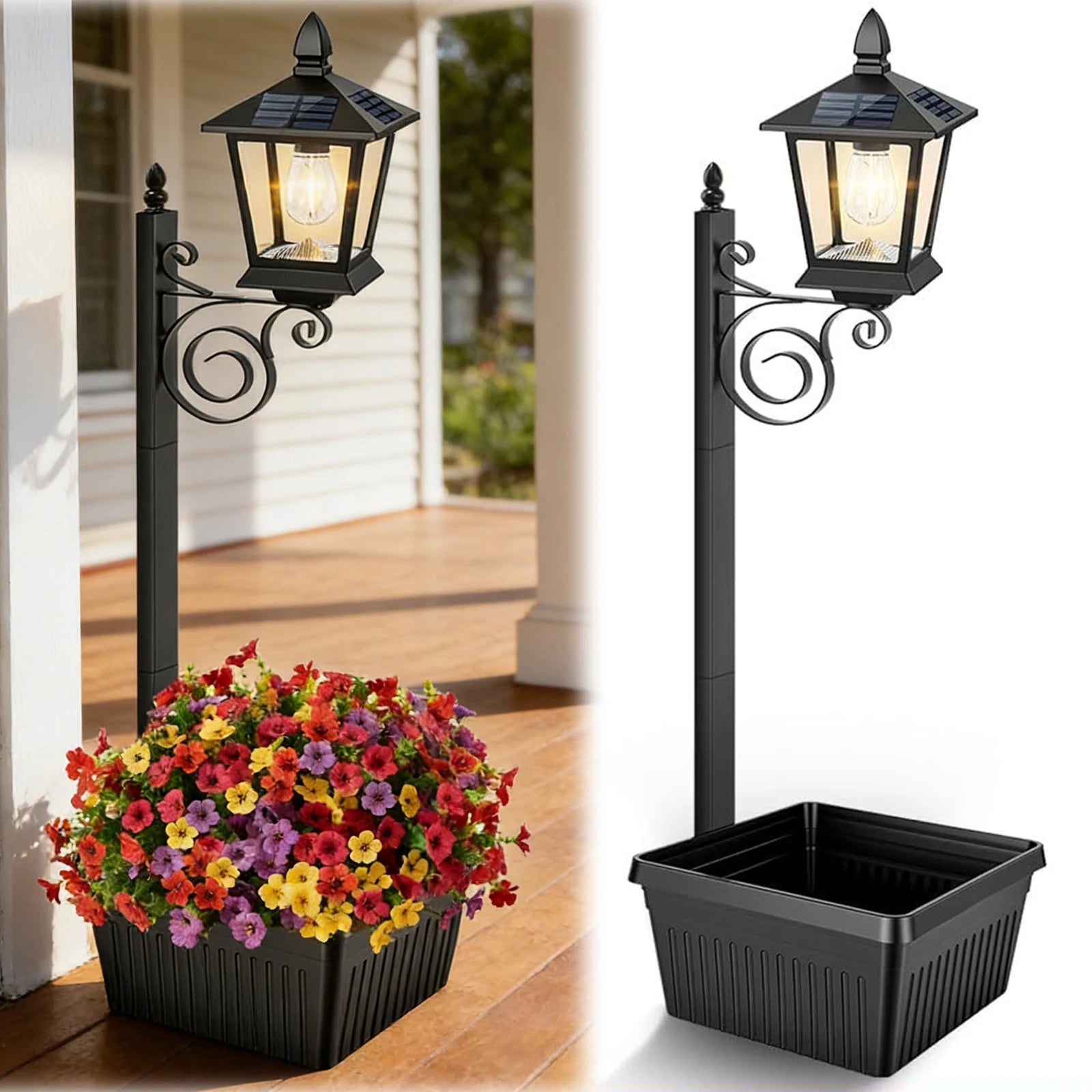 2 In 1 Outdoor Flower Pots Light with Planter Freestanding Planters Lamp Decorative Solar Lamp for Outside/Front Door/Yard/Lawn