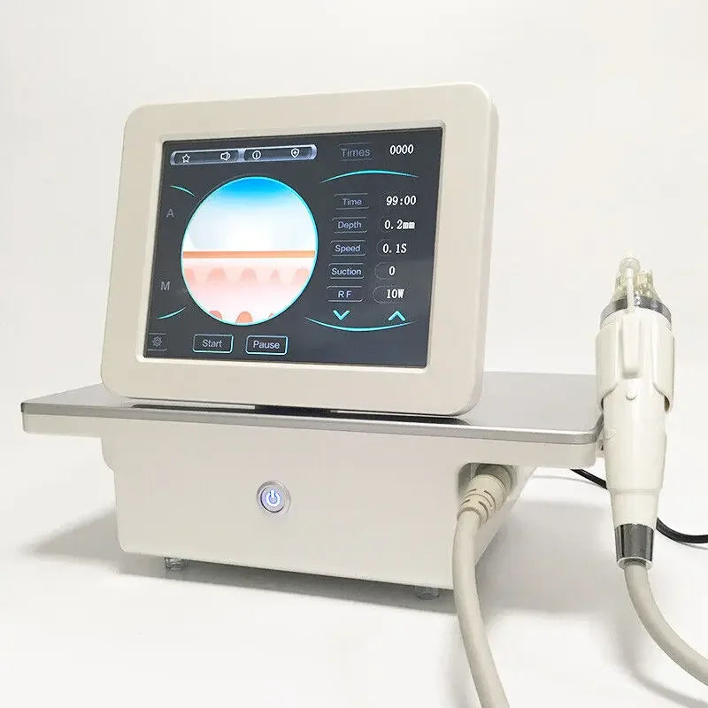 Portable fractional RF skin tightening machine with touchscreen for face and body wrinkle removal and whitening.