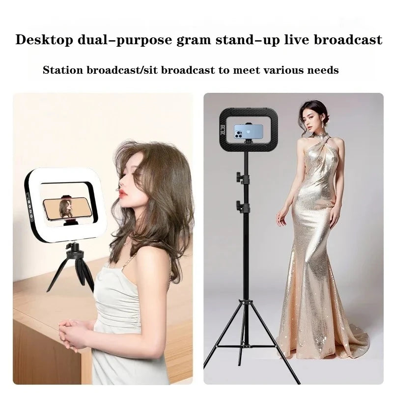 Square ring light with smartphone mount, shown on a small desktop tripod and a tall, adjustable floor stand.