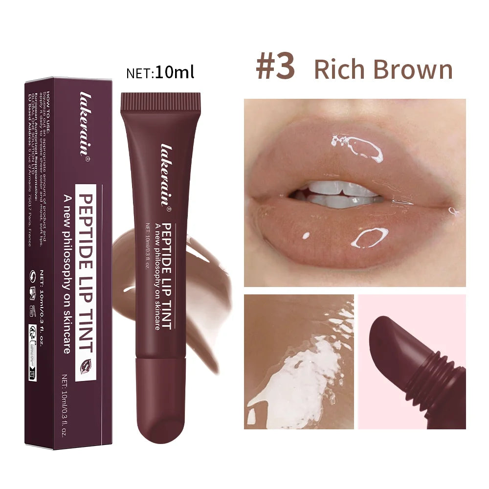 Rich Brown peptide lip tint with a high-shine, glossy, hydrating finish for plumped, glass-look nude lips.