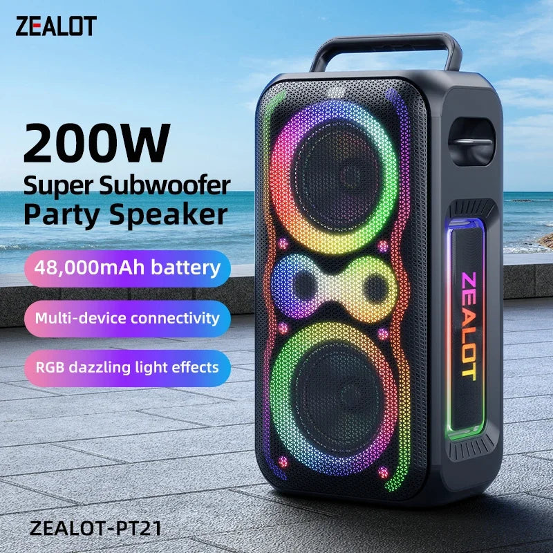Zealot-PT21 Large Portable Bluetooth Speaker Loudest，200W Deep Bass, V5.3 Big Party Boombox Wireless Speaker For Camping Hiking