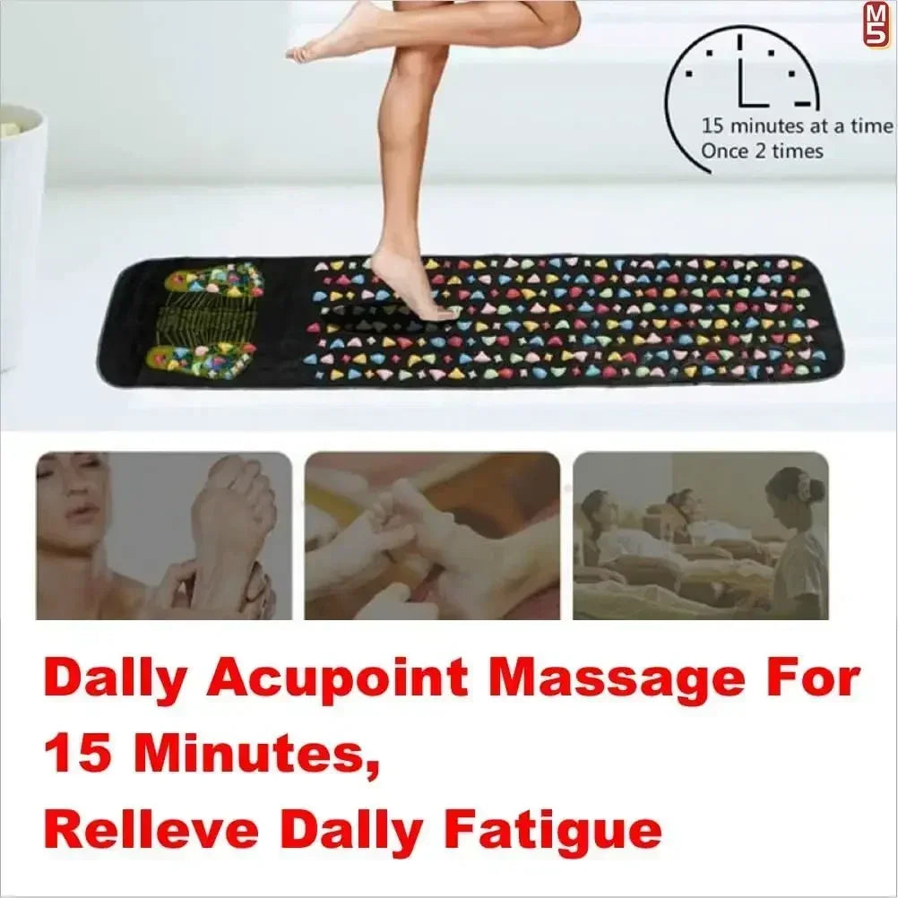 Black foot reflexology acupressure massage mat with colorful pressure points for daily foot pain relief and relaxation.