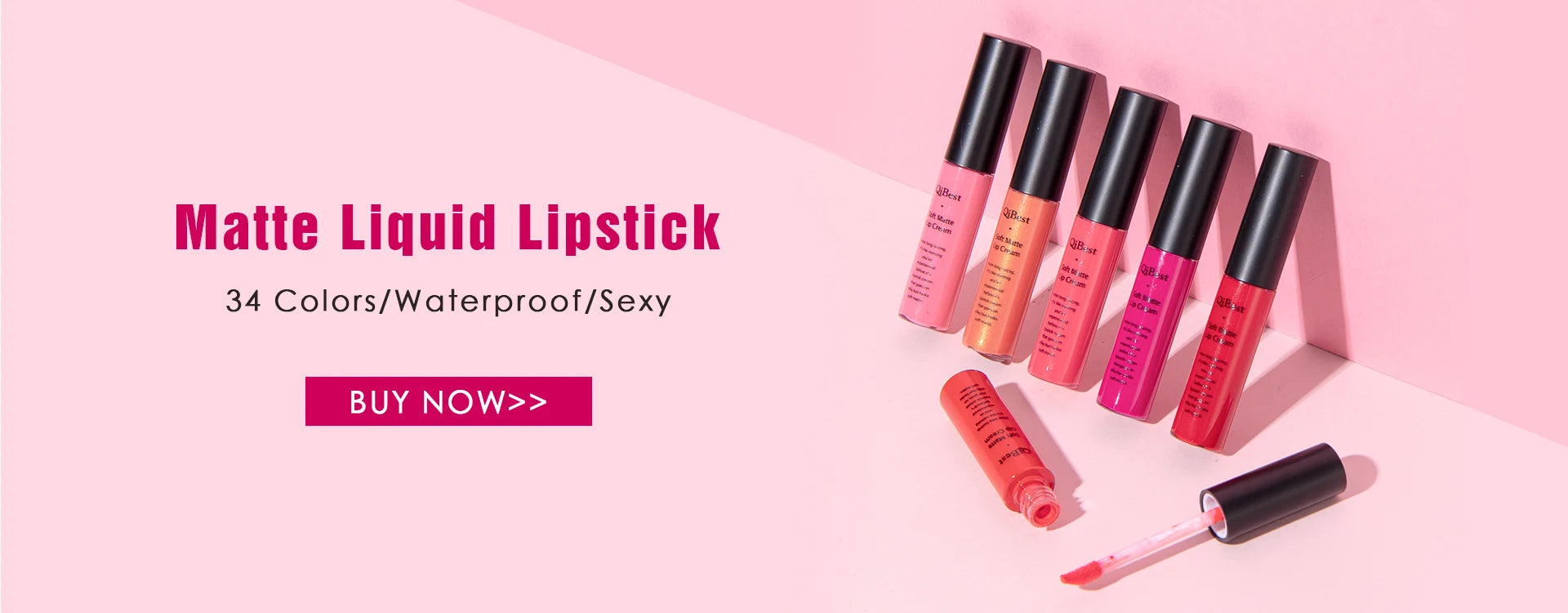 NICEFACE waterproof matte liquid lipstick set in vibrant shades with velvet finish and wand applicator on pink background.