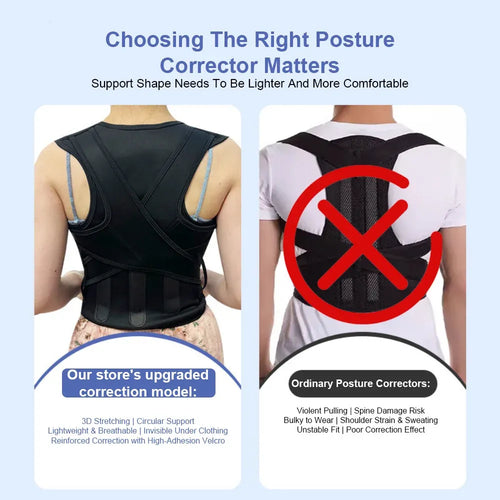 Black posture corrector brace for back pain relief, lightweight mesh support wrap for spinal alignment.