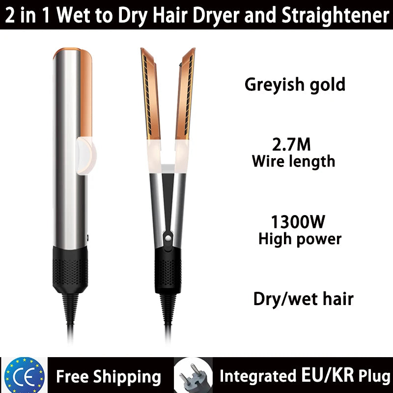 Greyish-gold 2-in-1 hair dryer and straightener with 1300W power and long cord for wet or dry hair styling at home.