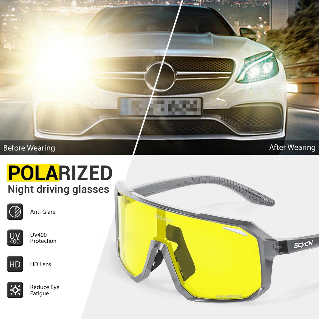 SCVCN New Yellow Polarized Night Cycling Sunglasses Bike MTB Motorcycle Glasses Outdoor Sports Fishing UV400 Glasses Men Women