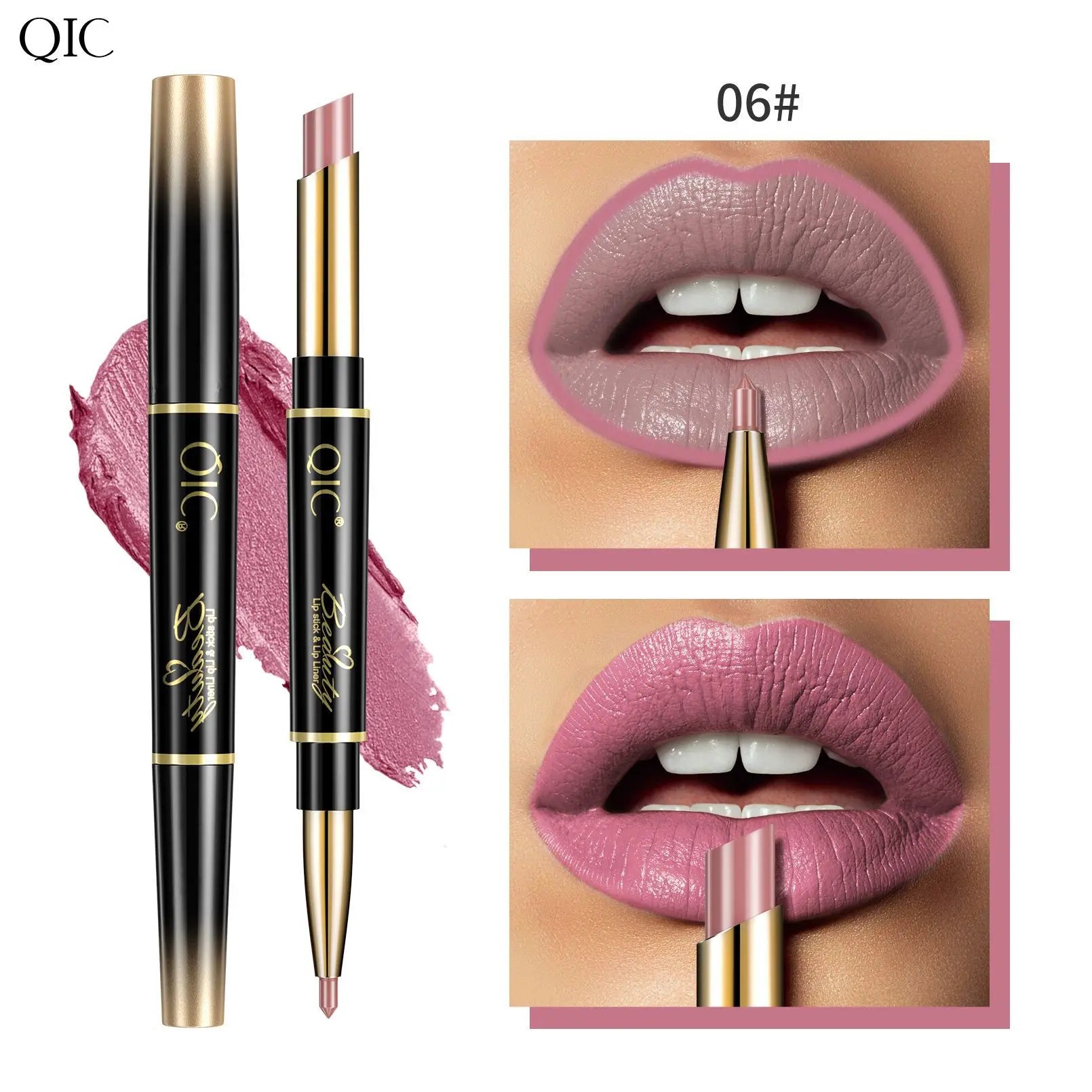 2-in-1 waterproof matte lipstick and lip liner pencil in nude rose shade with long-lasting, creamy smooth finish.