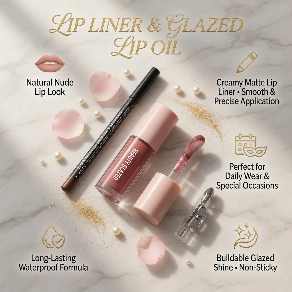 3pc lip set with nude matte lip liner, glazed lip oil, and sharpener. Long-lasting, non-sticky, natural makeup look.