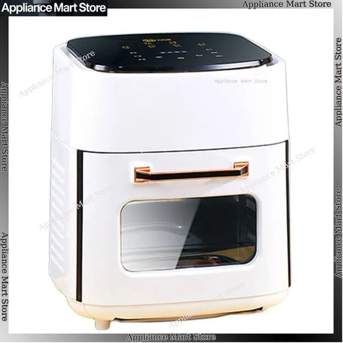White air fryer with black top control panel and front viewing window