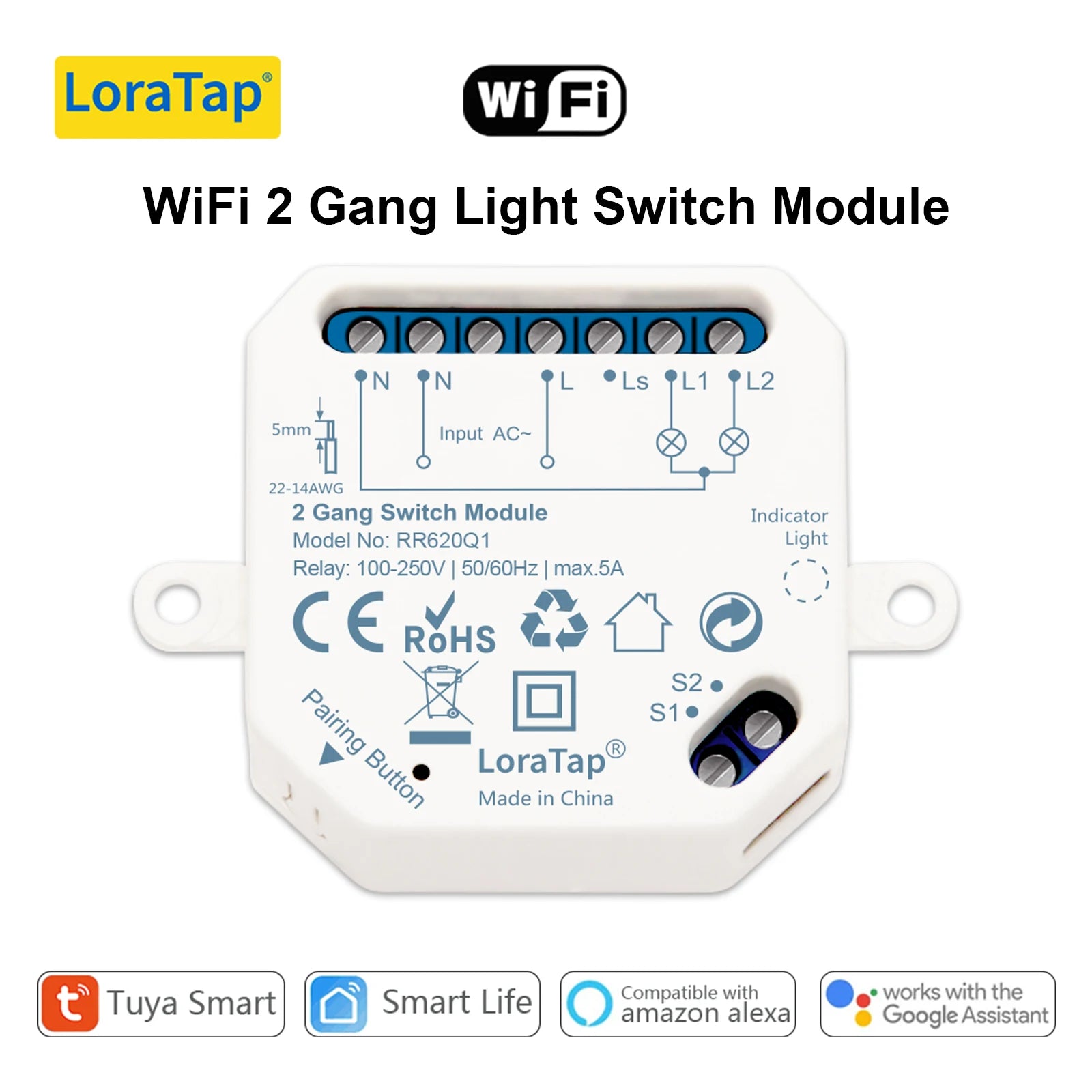 Smart WiFi Light Switch Module for Home Automation - App Controlled WiFi 2 Gang Switch Tidesmit