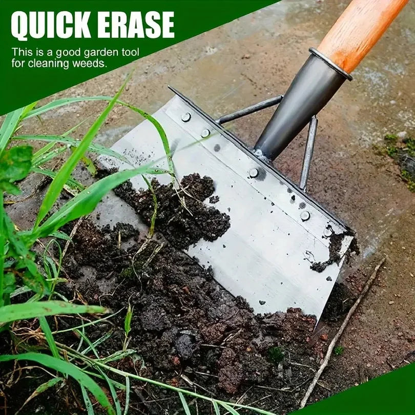 Metal weeding shovel with silver blade and wood handle, loosening soil and weeds outdoors