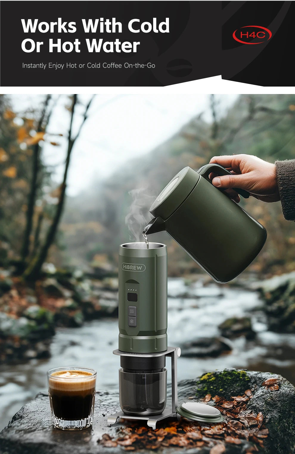 HiBrew H4C portable coffee maker in olive green, brewing hot coffee outdoors with a matching kettle.