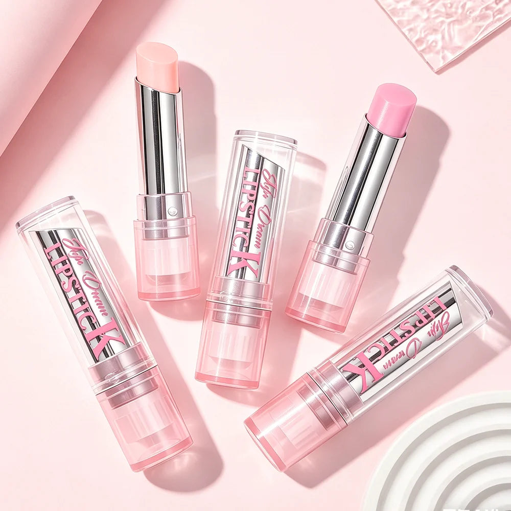 Pink magic color-changing lip balm with moisturizing, hydrating glossy finish in sleek pink lipstick tubes.