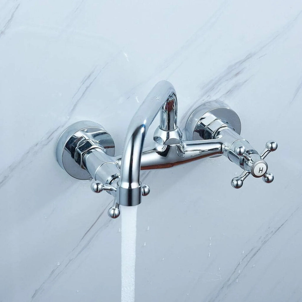 Dual Handle Brass Wall Mount Kitchen Faucet, Rotatable Spout Hot Cold Water Mixer Tap for Kitchen Sink