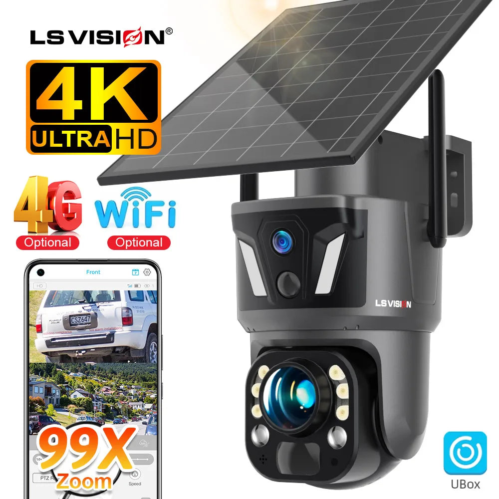 LS VISION 4K 99X Optical Zoom 4G Solar Camera Outdoor WiFi PTZ Dual Screen Dual PIR Detection Auto Tracking CCTV Camera Ubox App